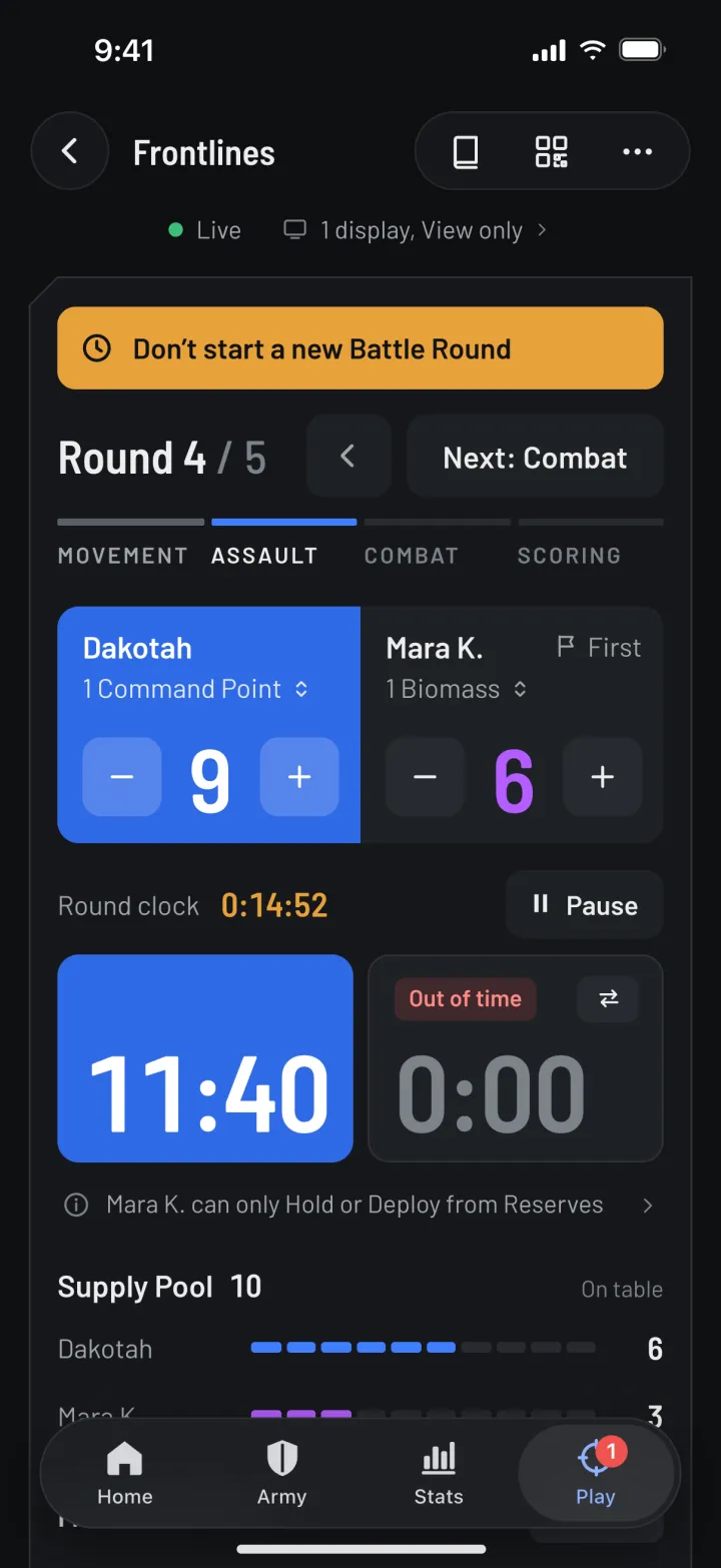 The phone tracker at the 15-minute call: an amber bar reads Don't start a new Battle Round, the round clock shows 0:14:52 in amber, and Mara K. is out of time.