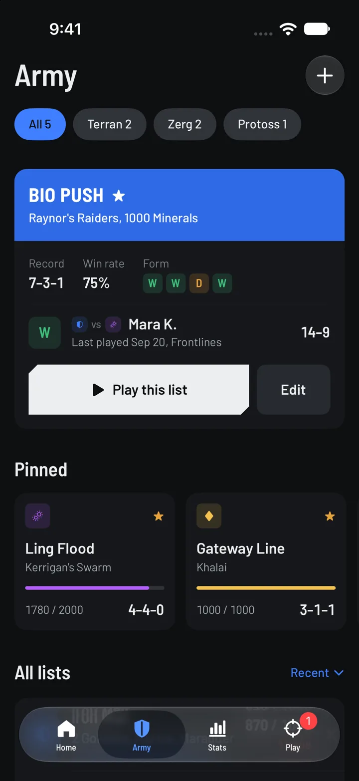 The Army tab: Bio Push leads on a blue band with its 7-3-1 record, 75% win rate, recent results and a Play this list button. Below it, Ling Flood and Gateway Line are pinned as tiles with their mineral totals and records.