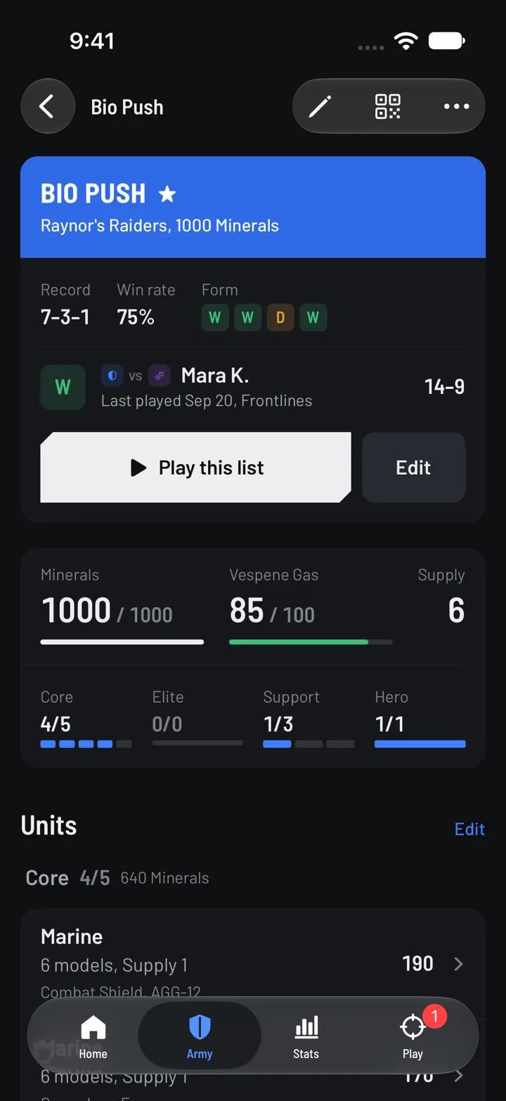 The Bio Push list page: its record, win rate and last game against Mara K., a Play this list button, then 1000 of 1000 minerals, 85 of 100 gas, the Core, Elite, Support and Hero slots, and its units.