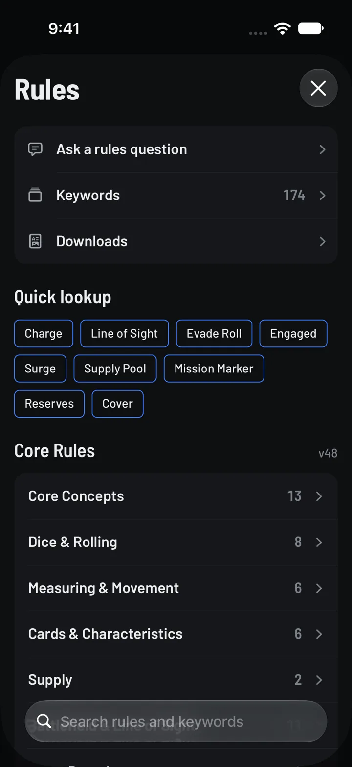 The Rules screen: Ask a rules question, Keywords and Downloads, quick lookup chips such as Charge, Line of Sight and Engaged, and the chapters of the Core Rules.