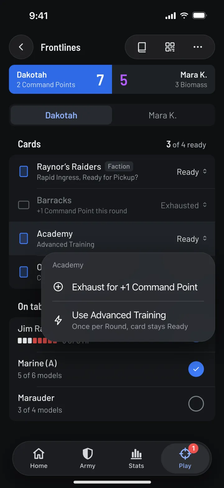 Tactical Cards in the tracker: Raynor's Raiders and Academy ready, Barracks exhausted, and a menu on Academy offering Exhaust for +1 Command Point or Use Advanced Training.